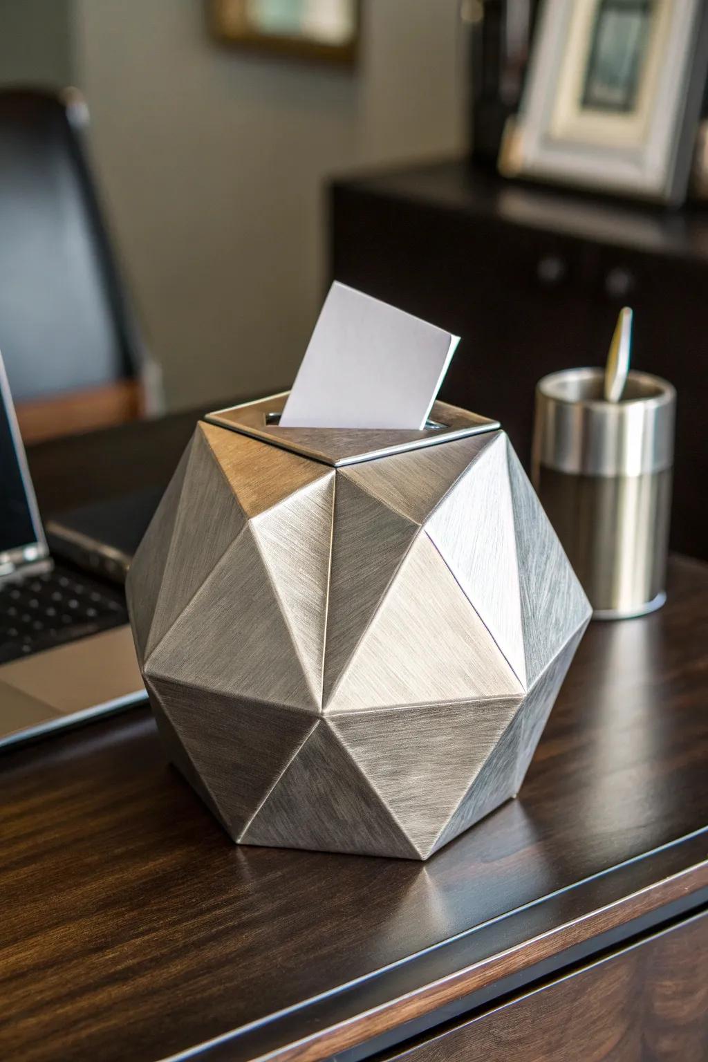 Embrace modern elegance with this geometric business card drop box, a perfect blend of art and functionality.