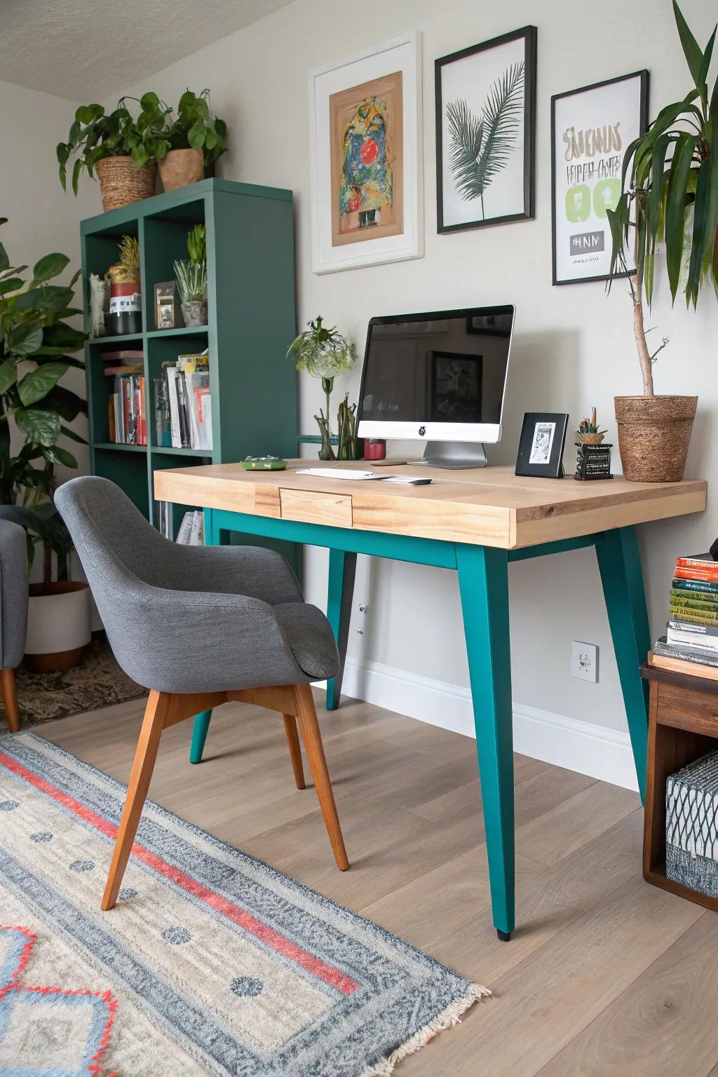 A butcher block desk with vibrant color accents.