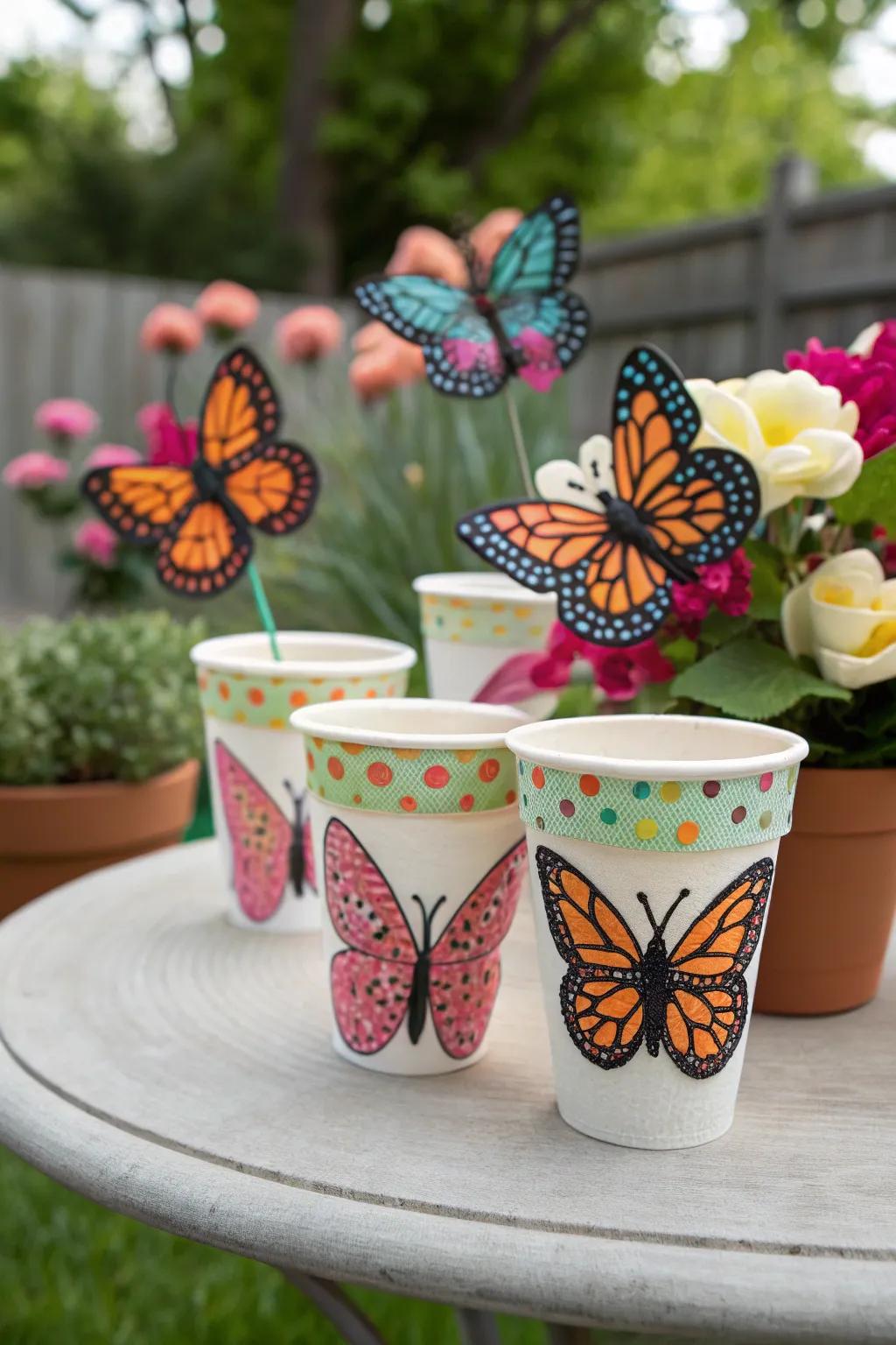 Foam cups become festive butterfly decorations.