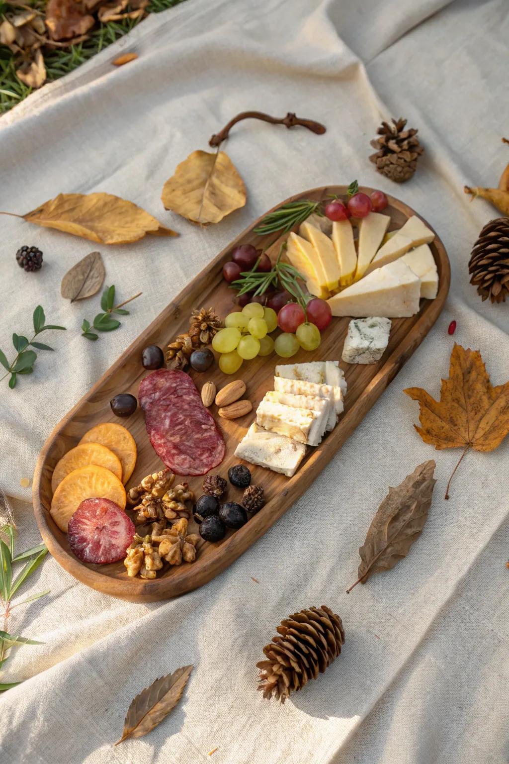 Elevate your outdoor dining with a rustic charcuterie board that captures the beauty of nature and simplicity.