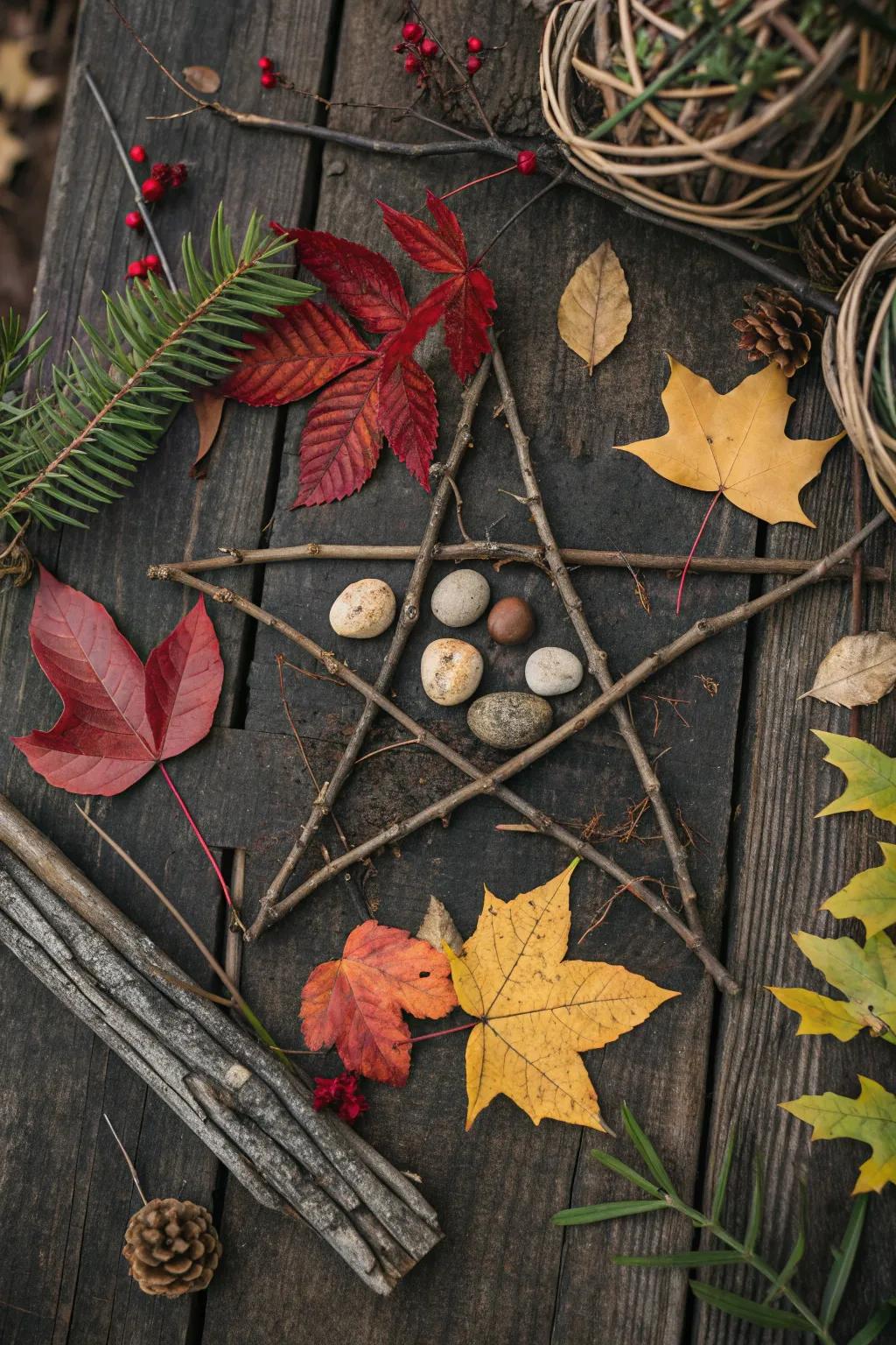 Celebrate nature's artistry with this handcrafted collage of twigs and leaves, perfect for sparking creativity in the great outdoors.