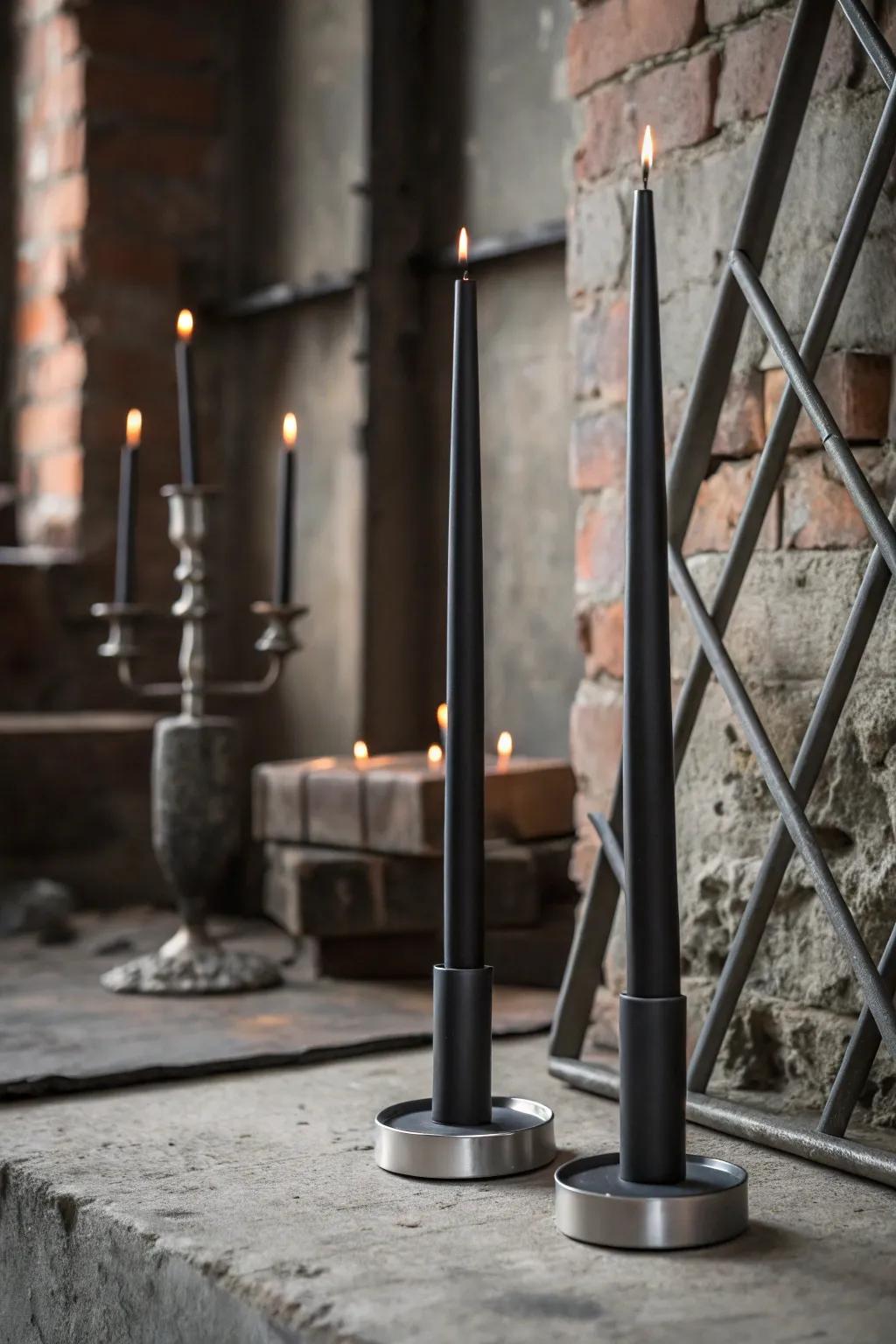 Bring an industrial edge to your decor with black candles and metal accents.