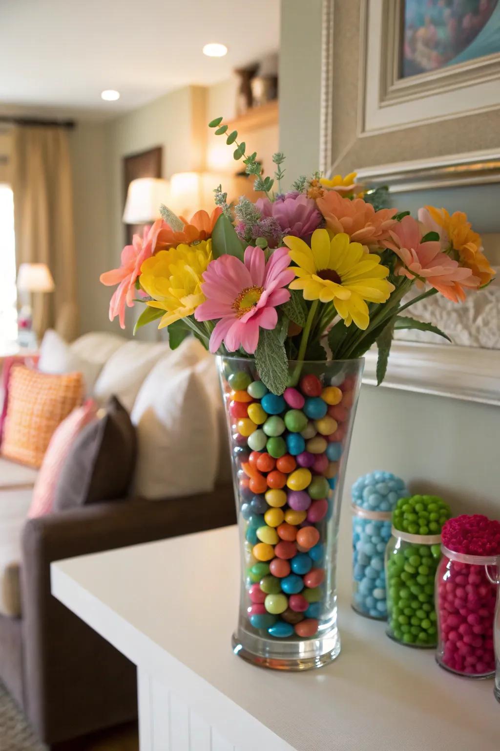 A candy vase with faux flowers offers a long-lasting decorative option.