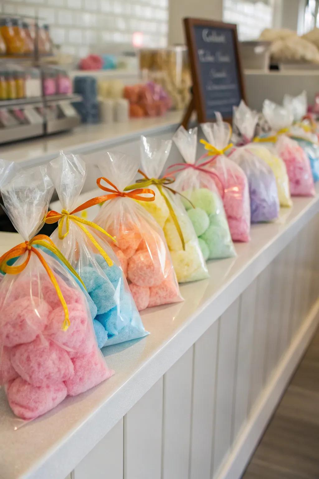 Homemade cotton candy packs ready for guests to enjoy.