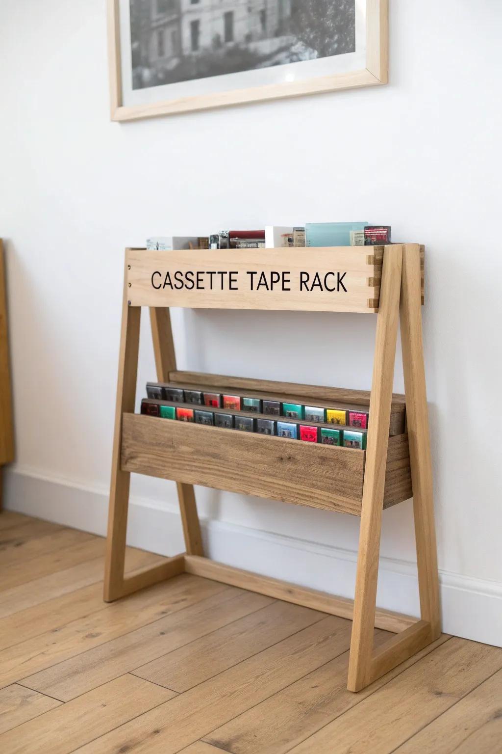 Elevate your space with a custom cassette tape rack that blends minimalist charm and bold colors.