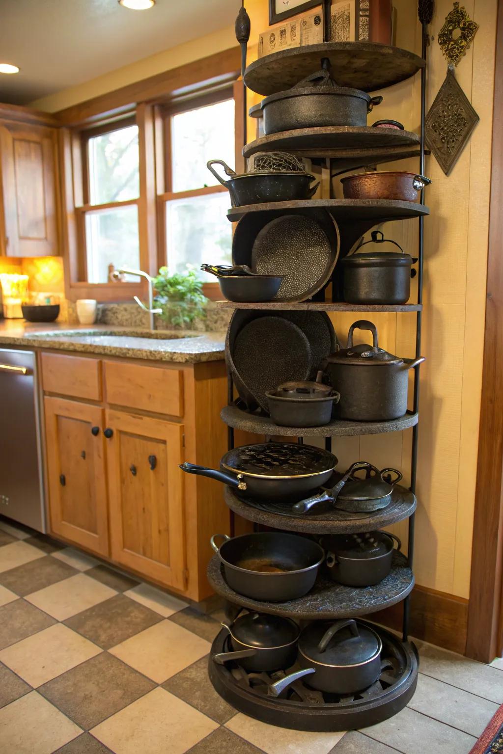 Free-standing tower elegantly storing cast iron cookware.