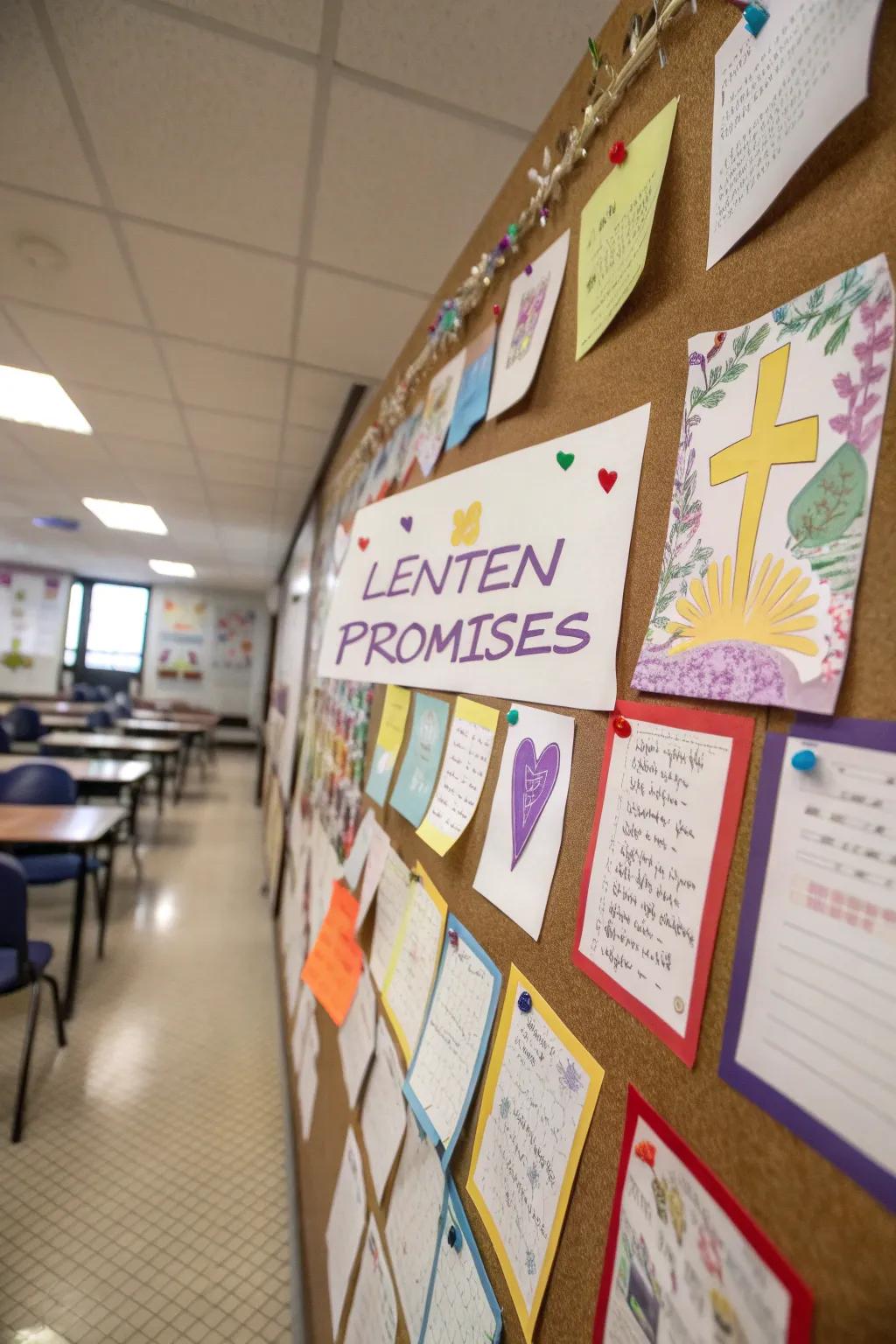 A Lenten Promises bulletin board fostering community and purpose.