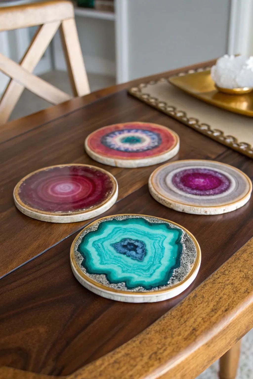 Faux geode coasters add a touch of luxury.