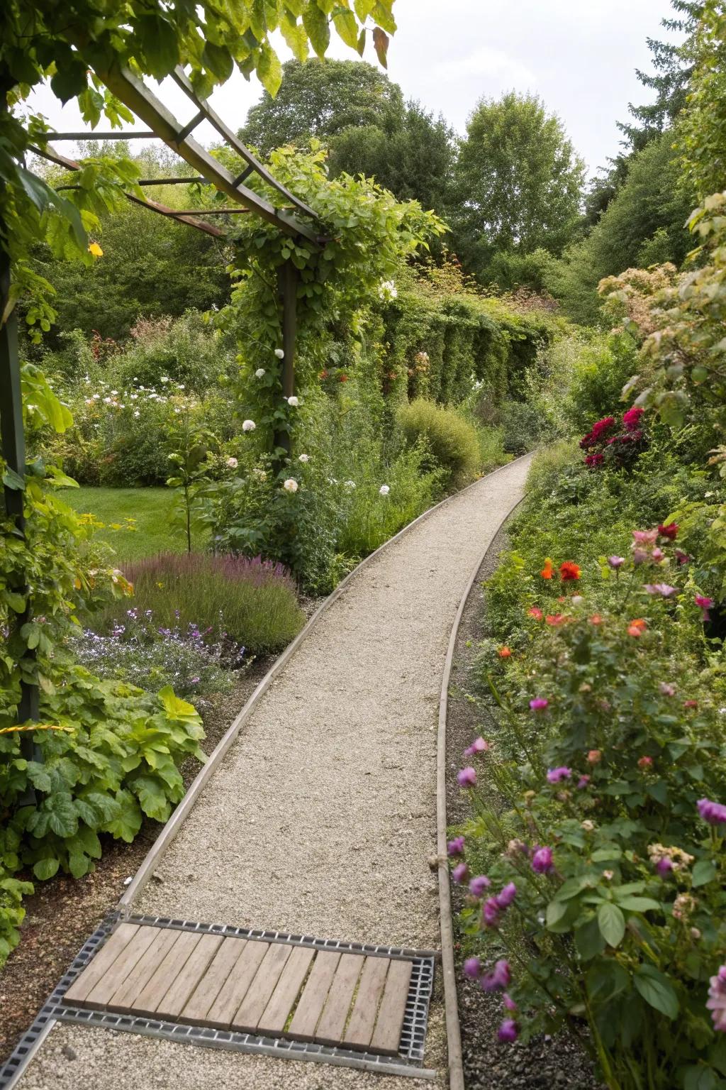 Metal edging adds structure to a pea gravel garden path.