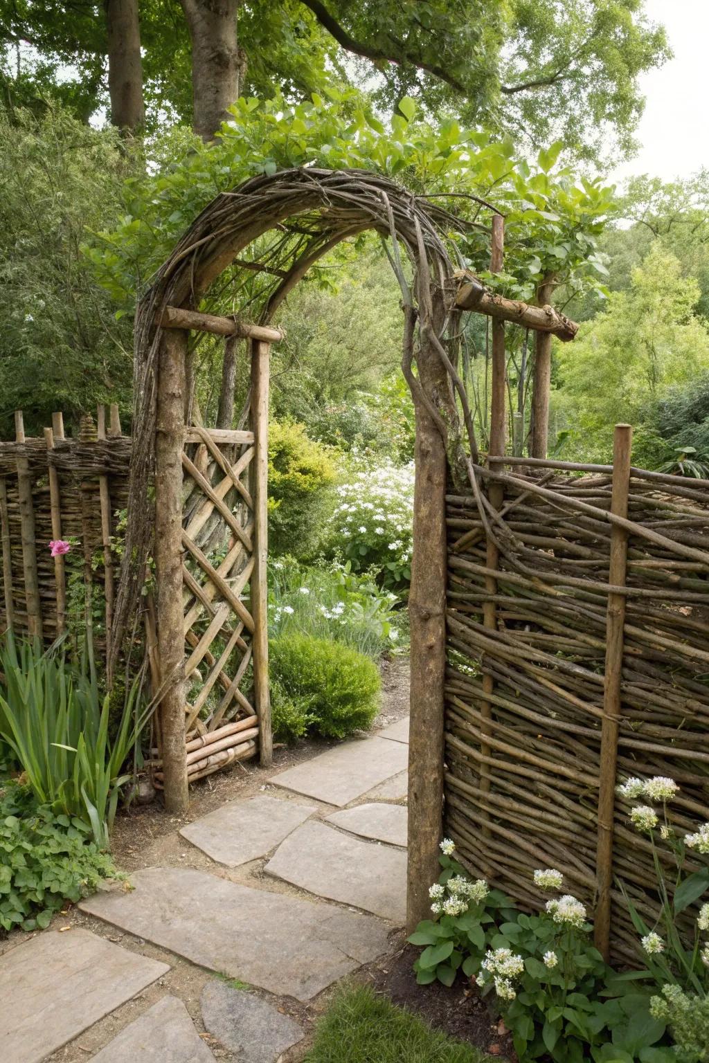 A charming wattle fence garden gate, woven from branches, blending into nature's beauty.