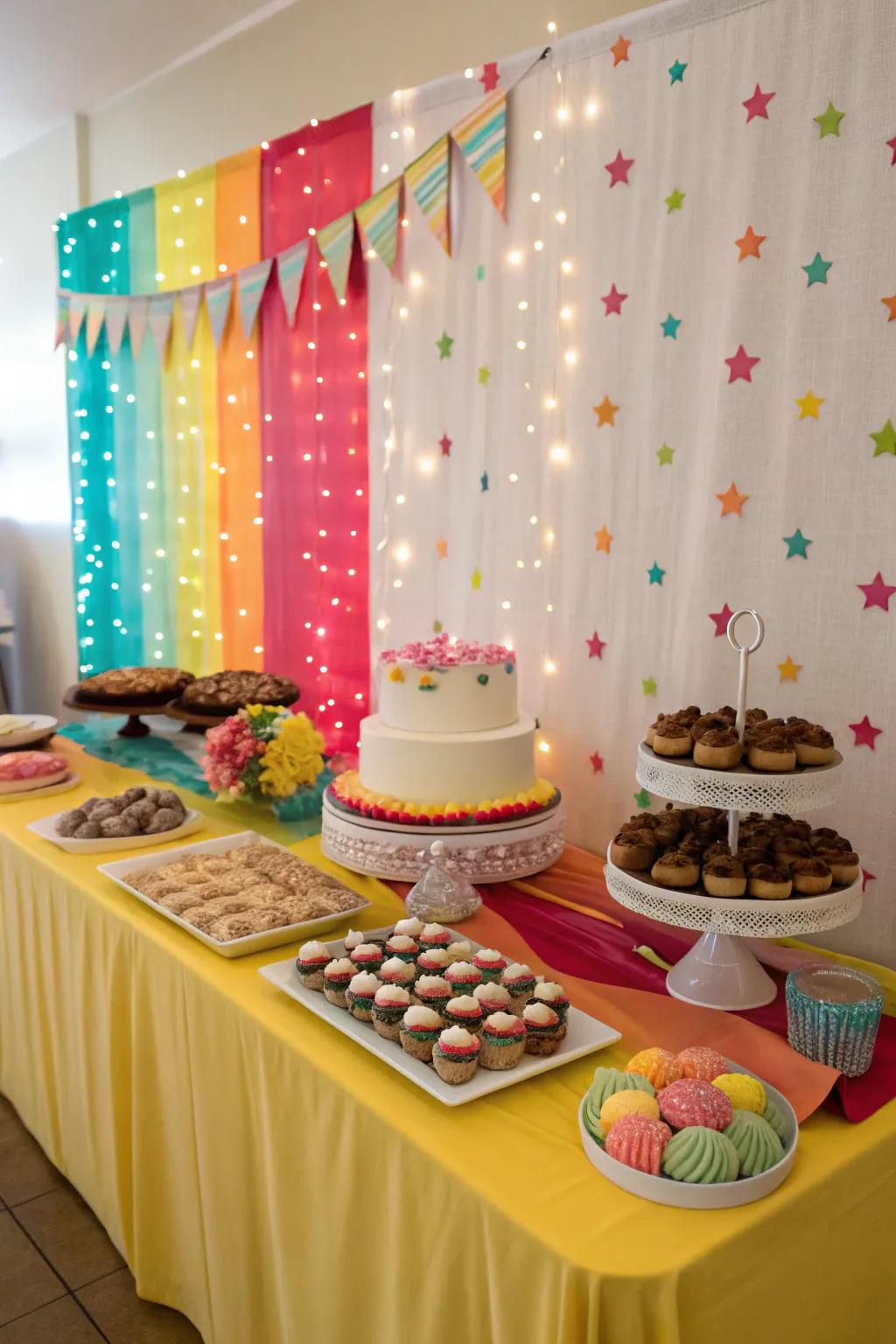 Tablecloths can make quick and effective party backdrops.