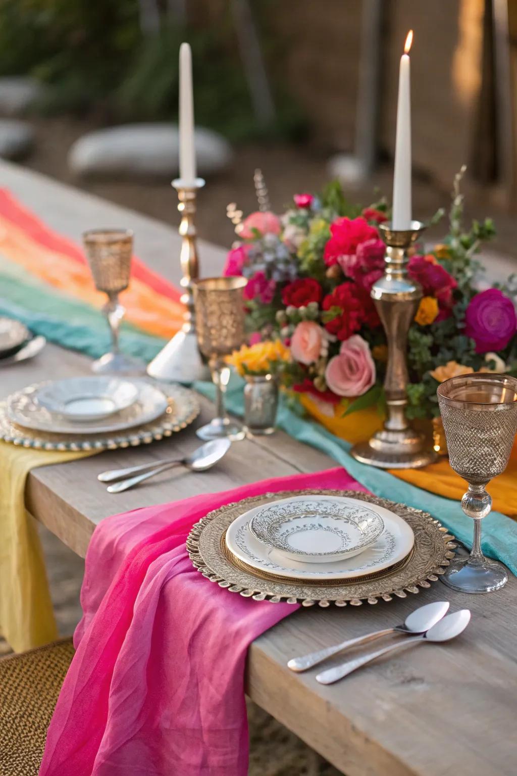 Festive flair with a bright cheesecloth runner.