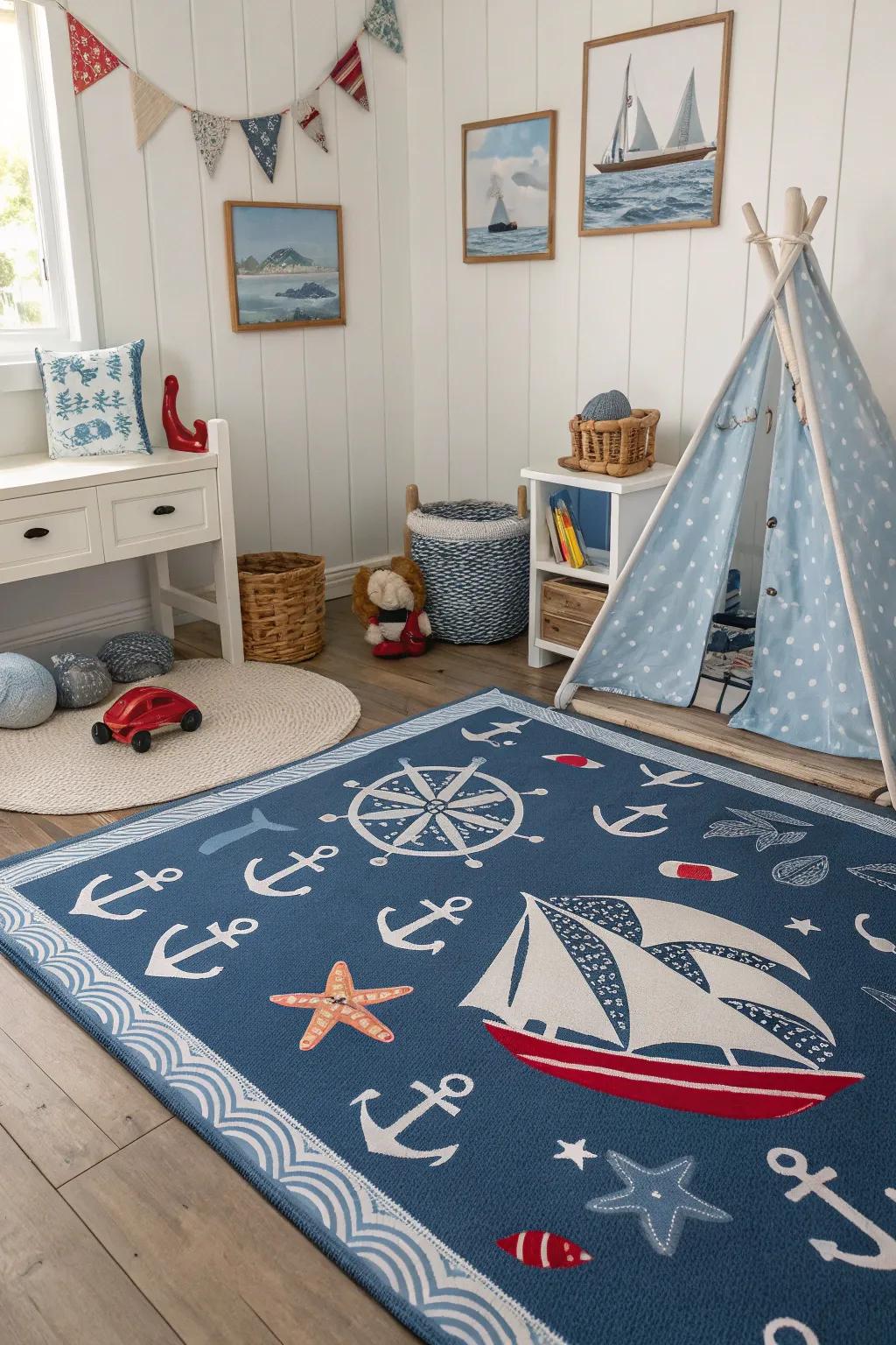 A nautical-themed children's room carpet, perfect for little adventurers.