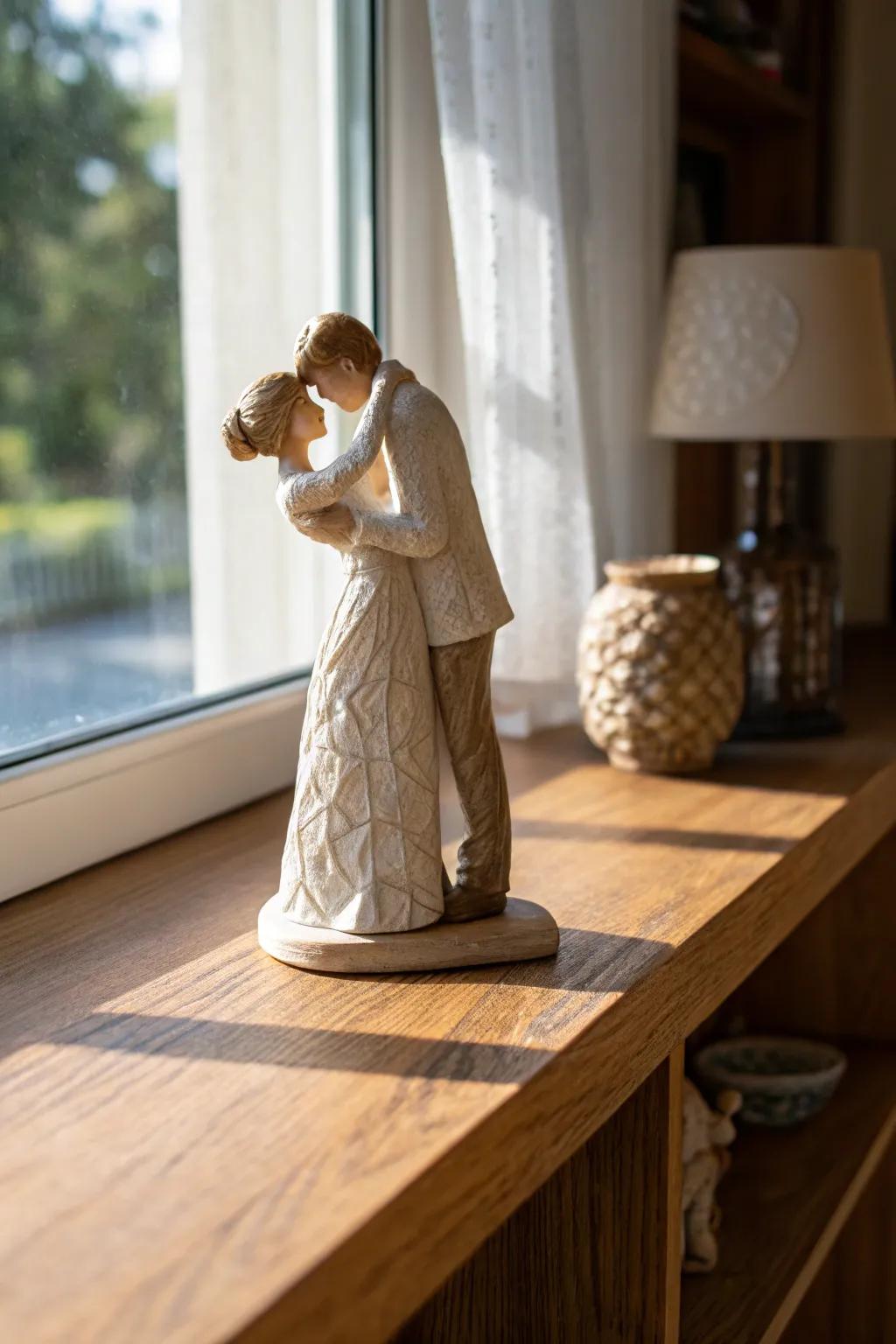 A delicate figurine of a couple embracing.