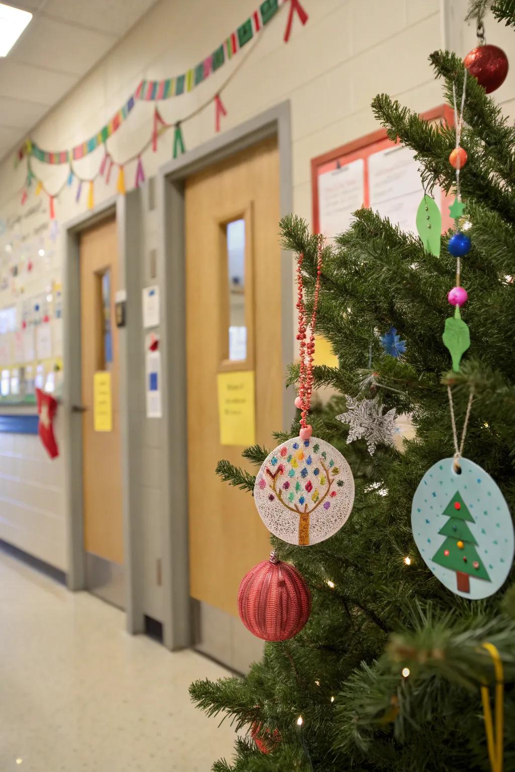 A collaborative Christmas tree door decoration.