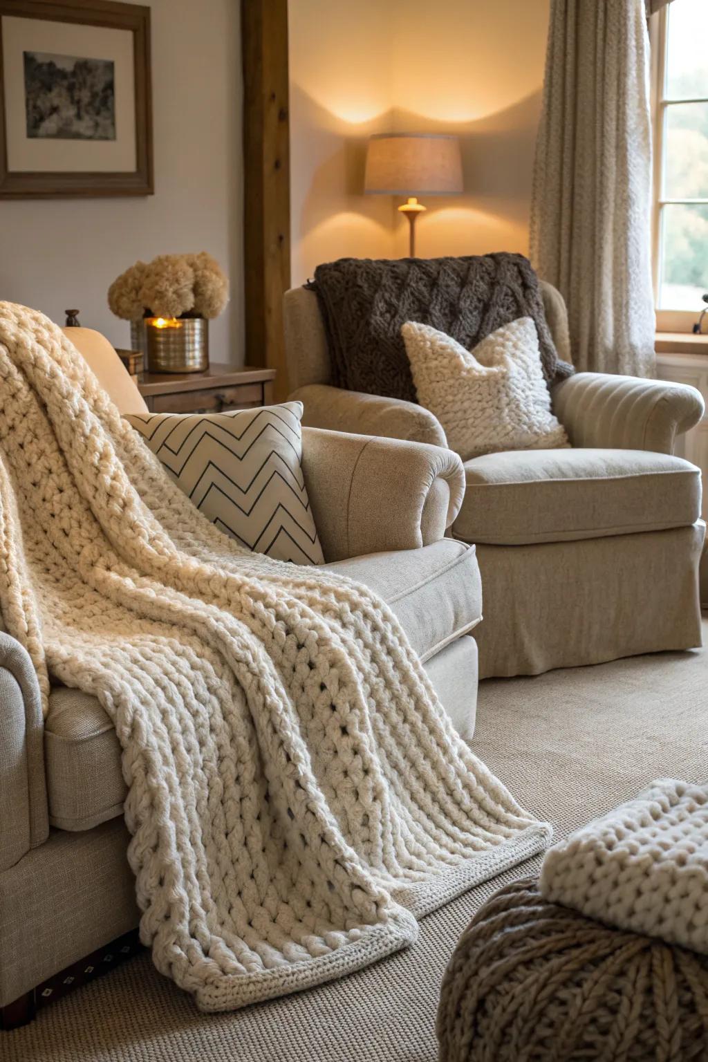 Chunky knit blankets and soft cushions for a cozy holiday feel.