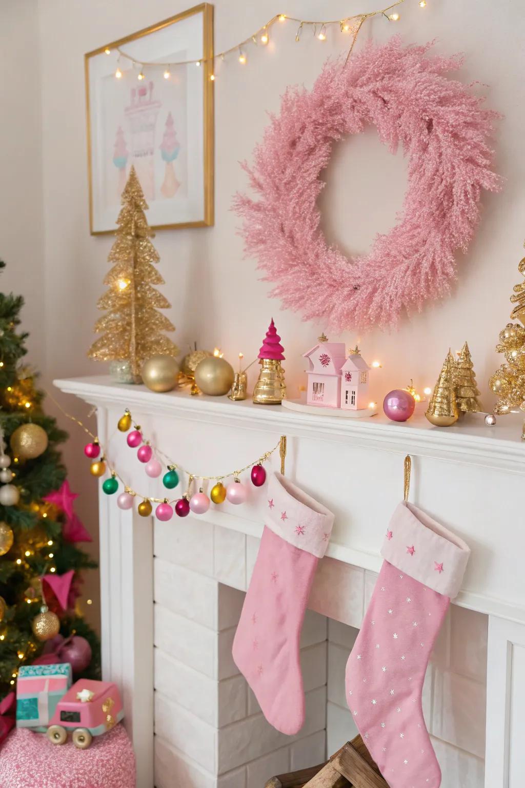 A whimsical pink Christmas mantel.