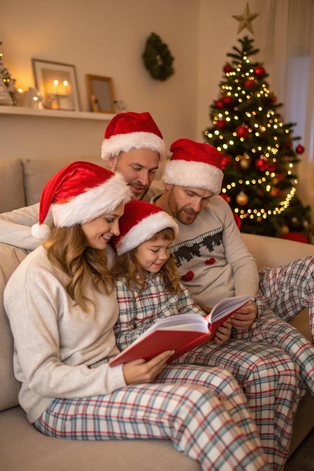 A heartwarming family storytime with everyone in festive pajamas and Santa hats.