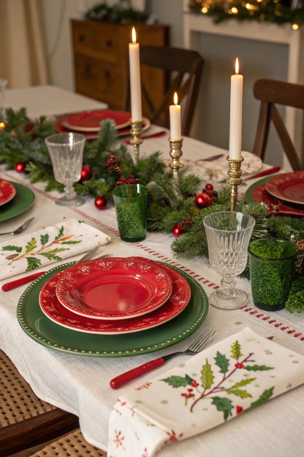 A traditional red and green Christmas table setting.