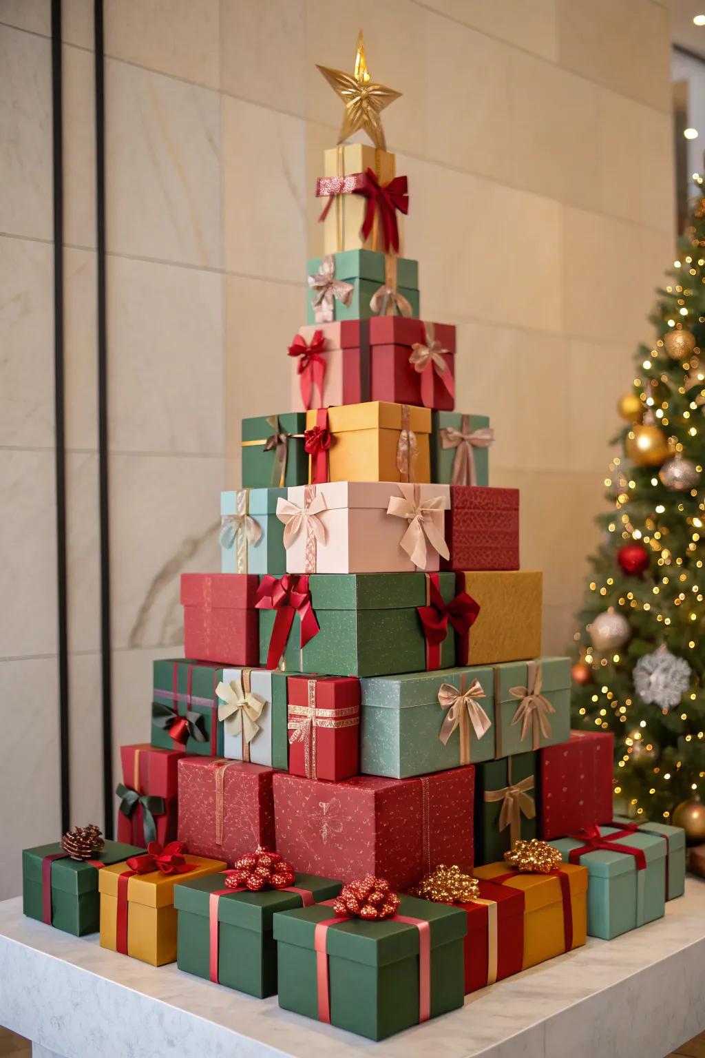 A creative gift box tree that doubles as decor and present display.