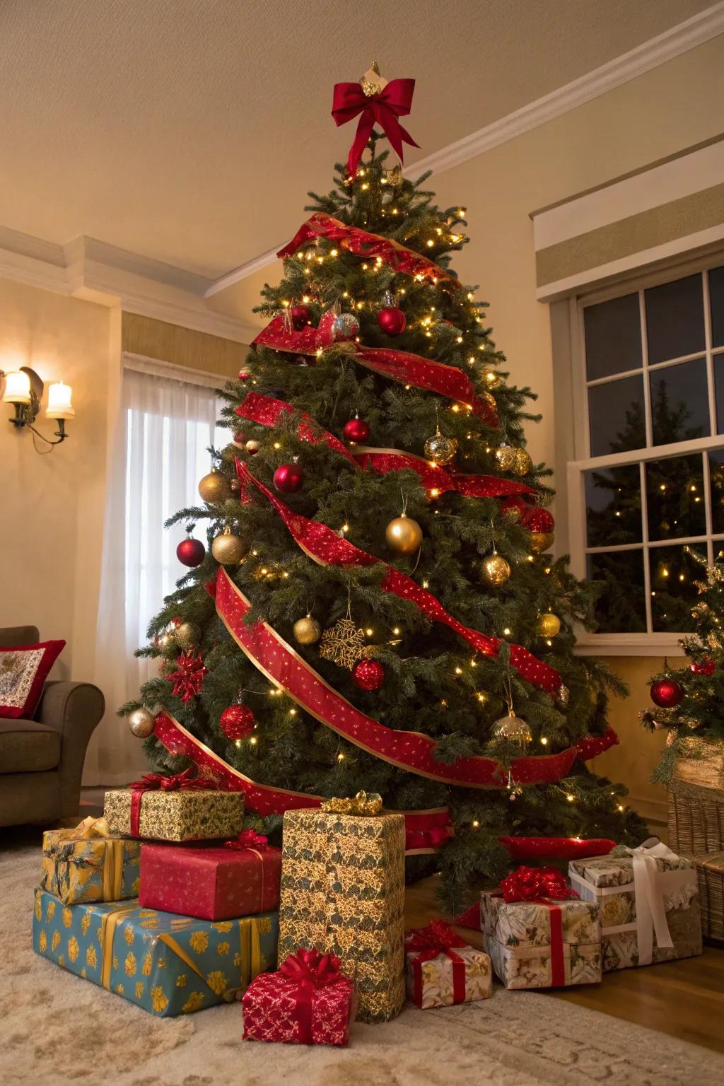 A festive Christmas tree with bold red ribbon garlands