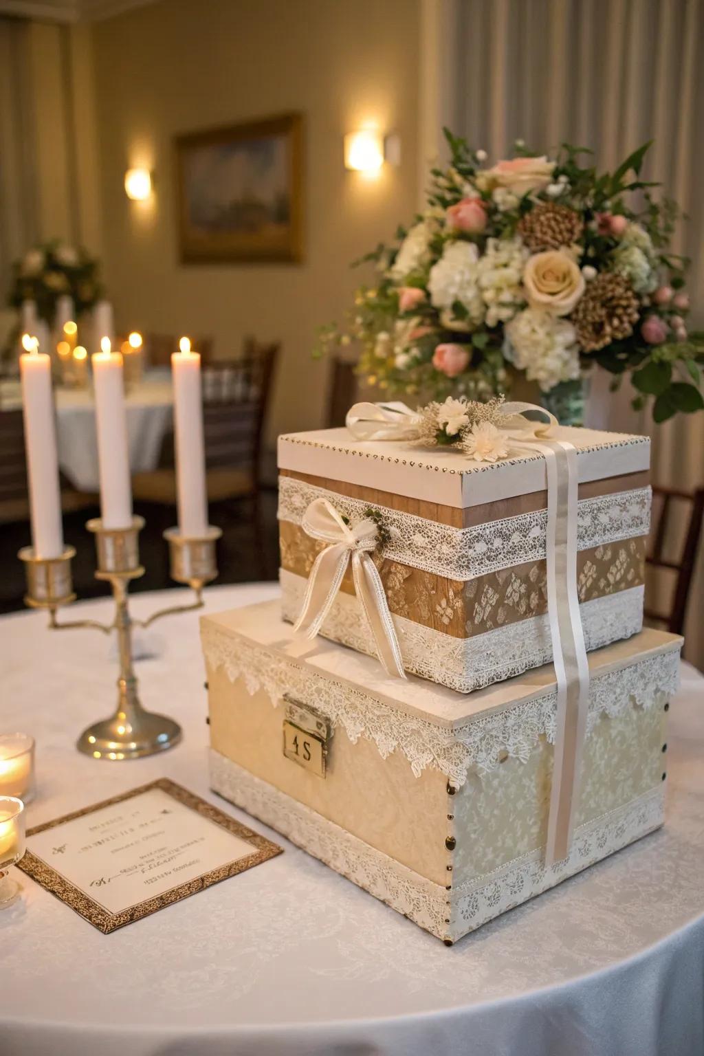 An elegant wedding card box from a cigar box adds a personal touch to your event.