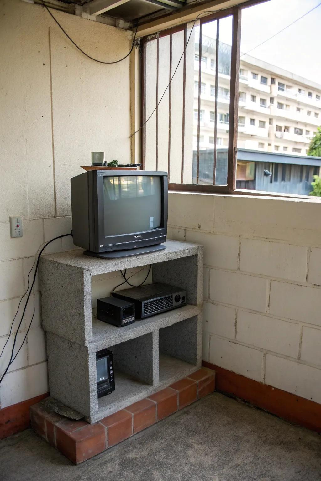 A compact corner cinder block TV stand maximizes space in a small urban apartment.