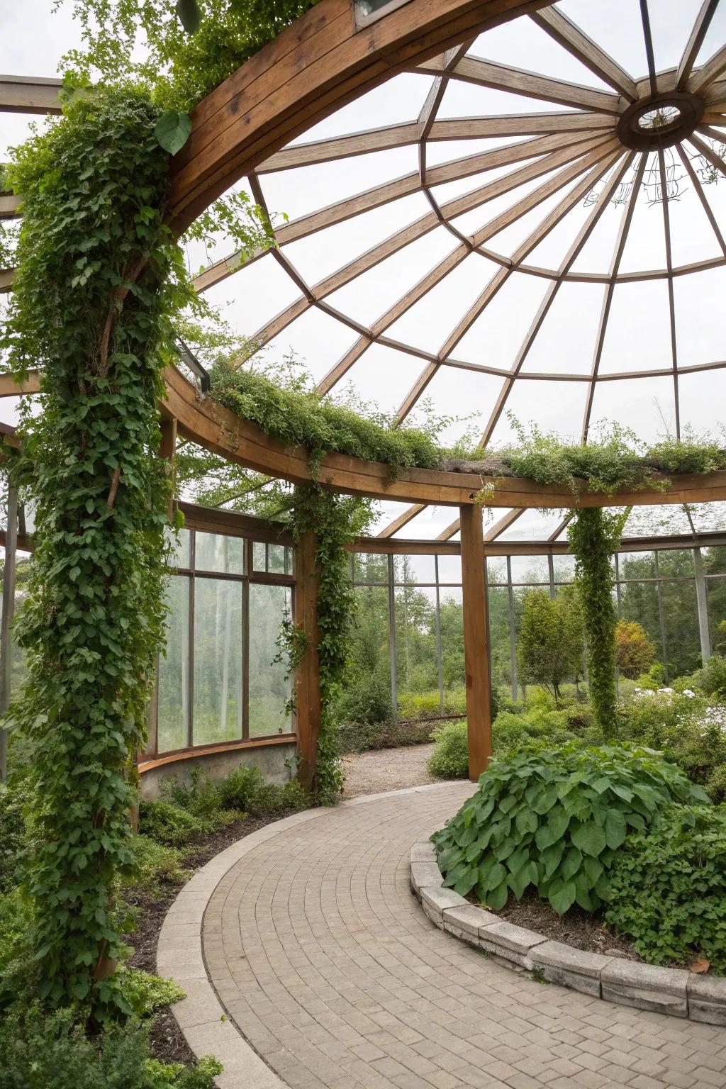 A greenhouse-inspired pergola nurtures plants while providing shelter.