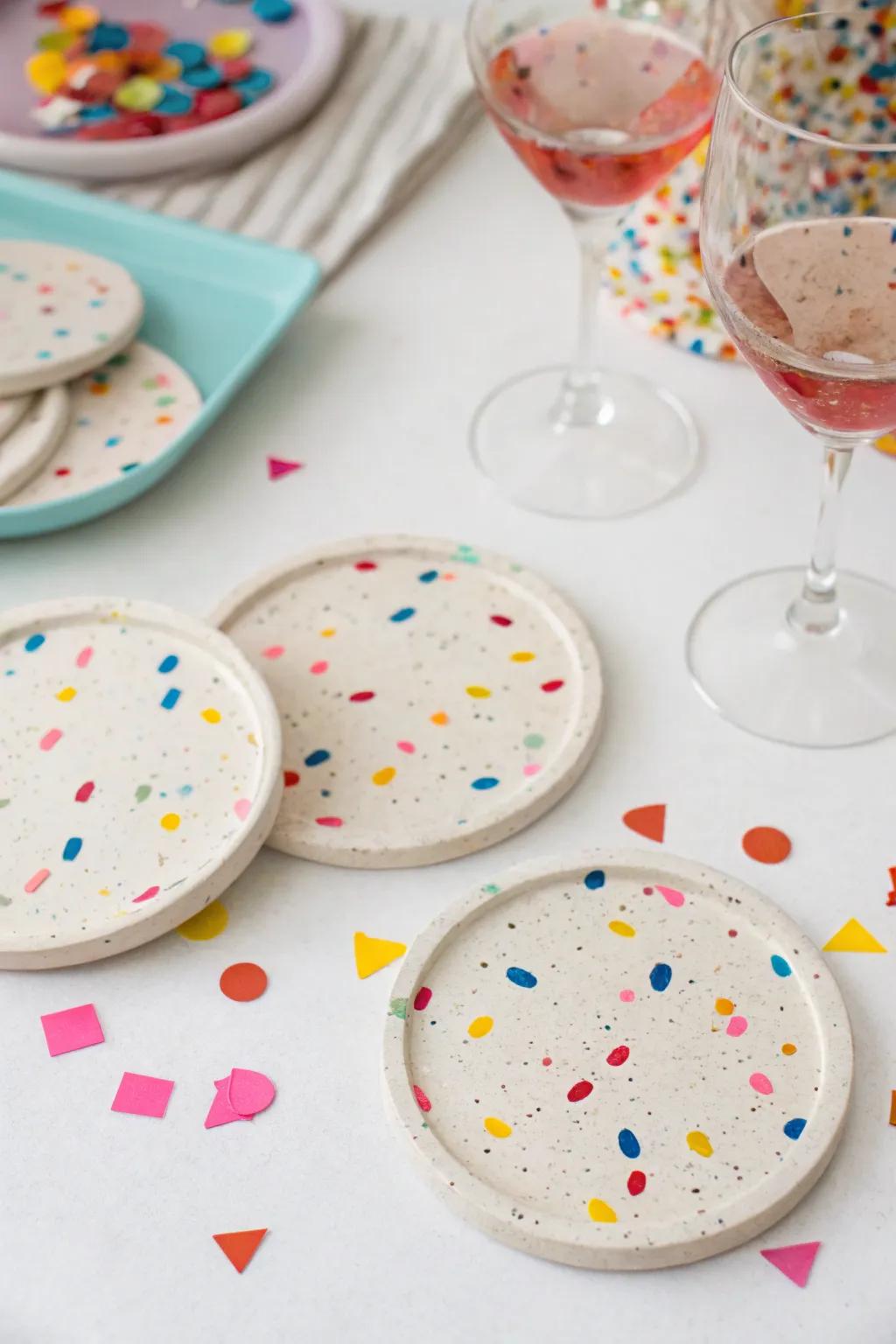 Confetti coasters bring a playful touch to any table.