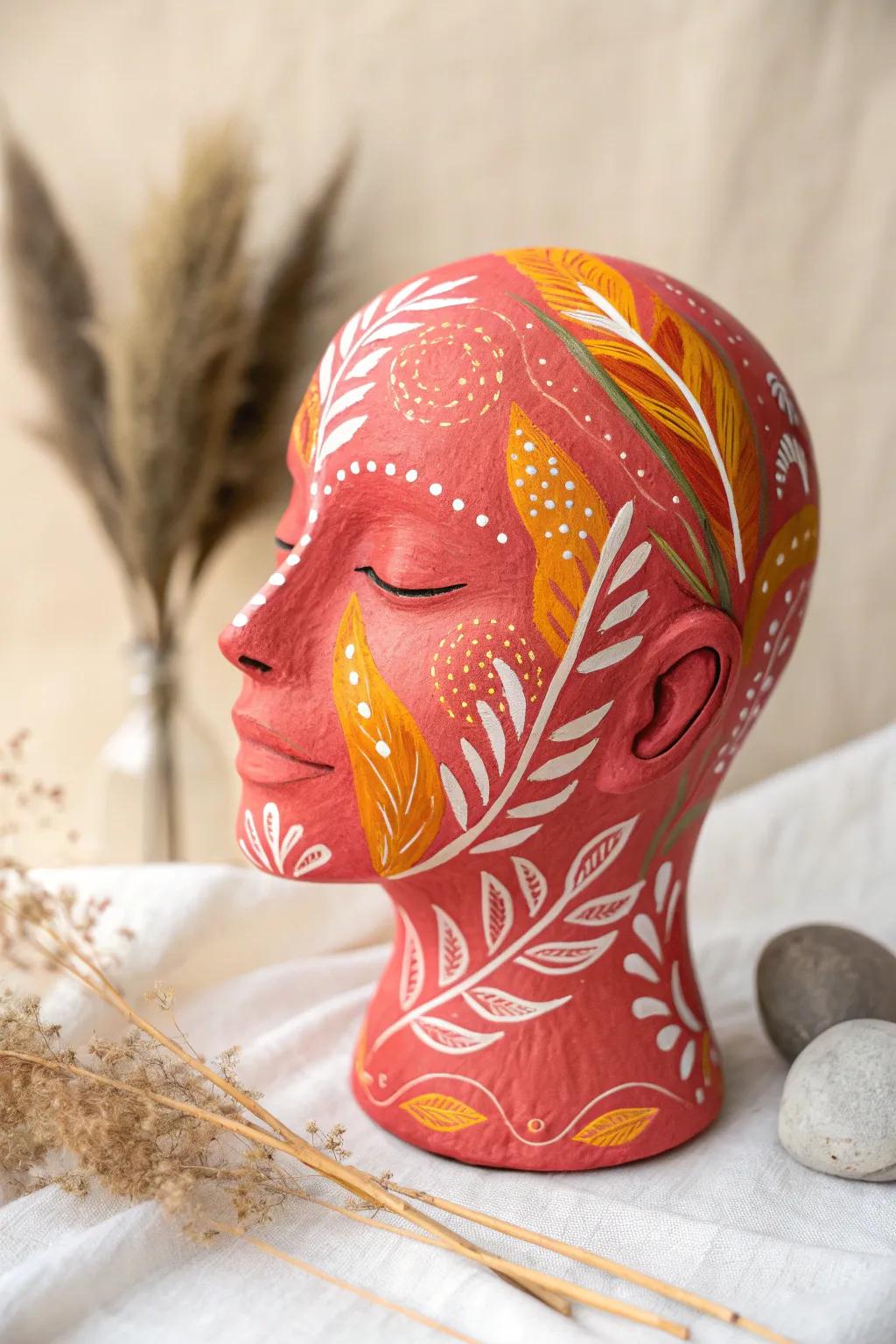 Discover the art of vibrant expression with these colorful painted clay heads!