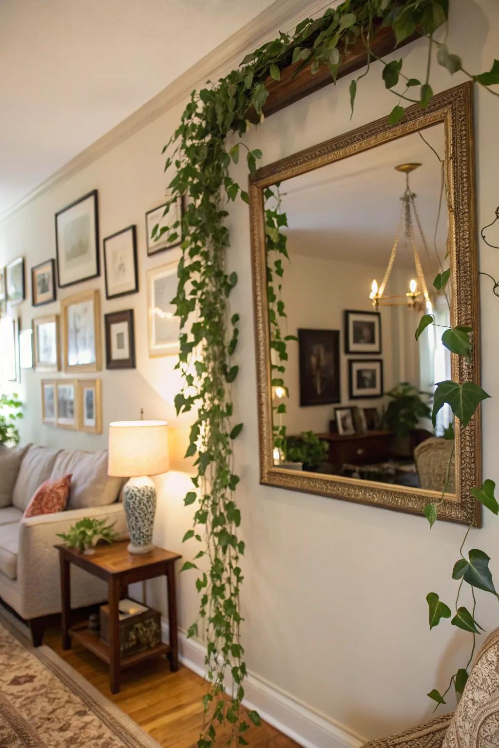 Draped plants add softness to wall decor.