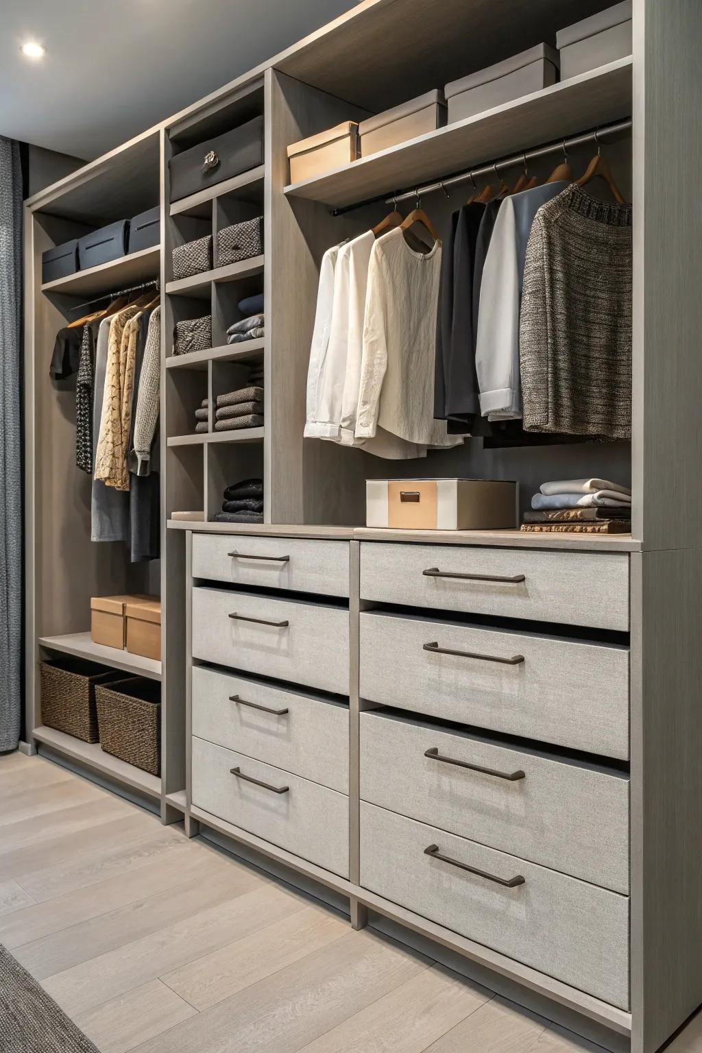 A modular dresser offering adaptability and style in a closet.