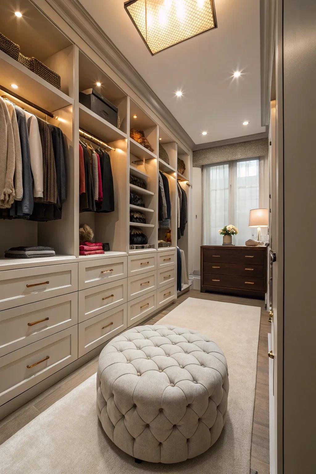 A walk-in closet with a plush ottoman offering seating and comfort.