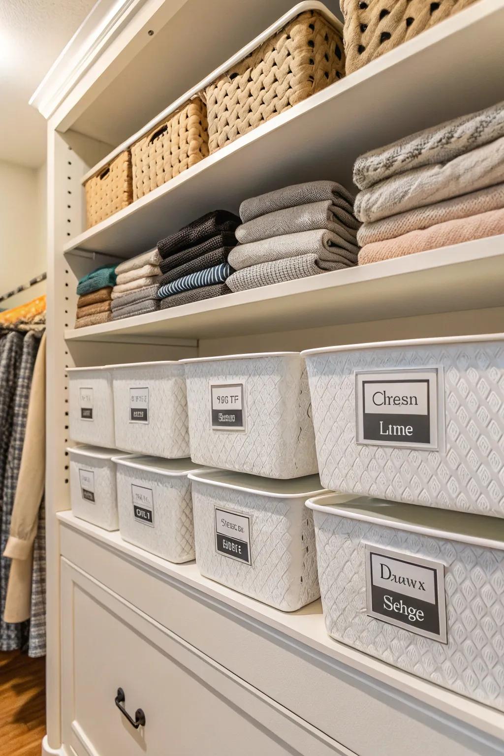 Keep track of items easily with labeled storage solutions.