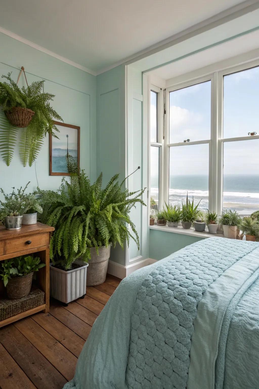 Greenery adds life and freshness to a coastal bedroom.