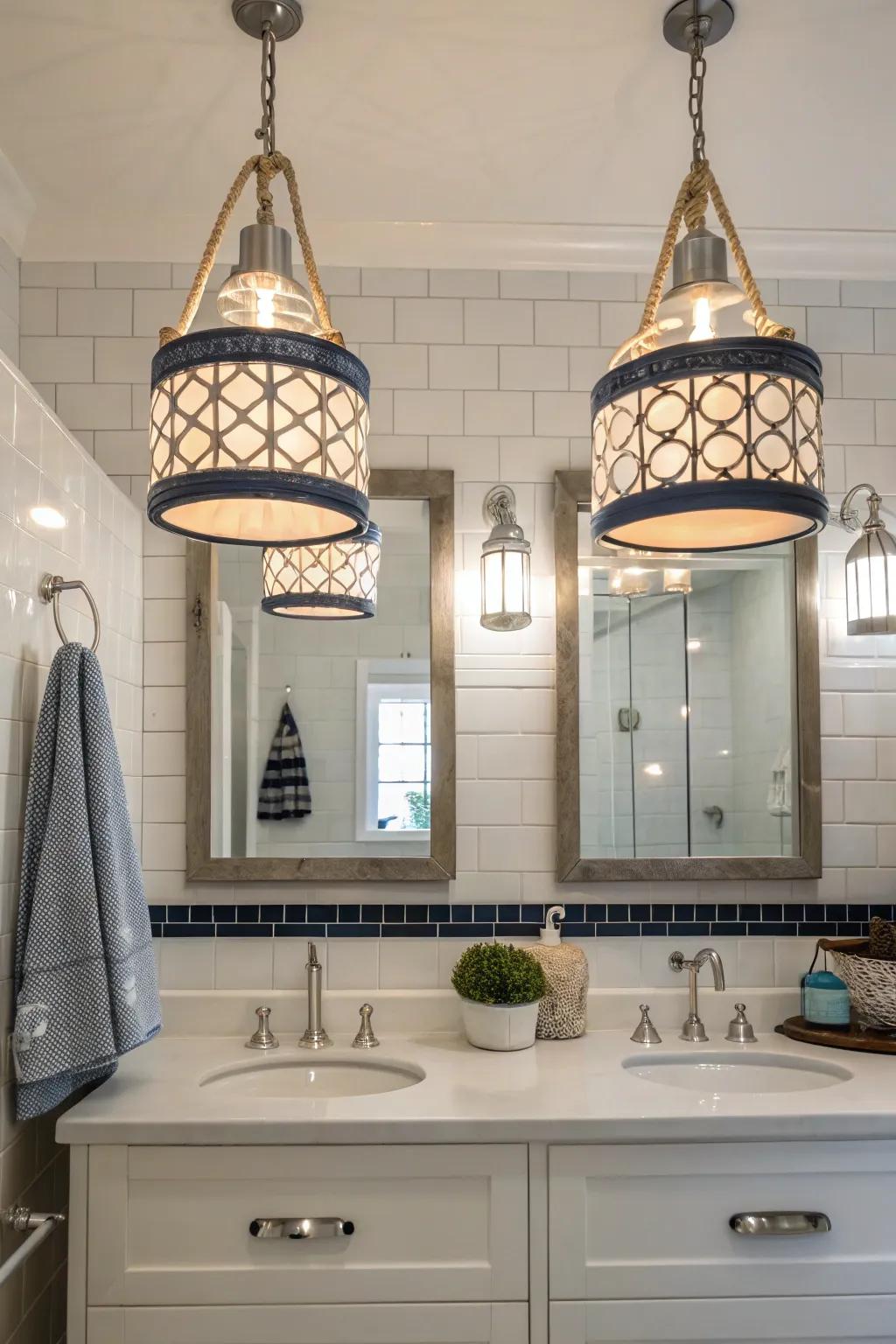 Nautical lighting brings a coastal touch to the bathroom.