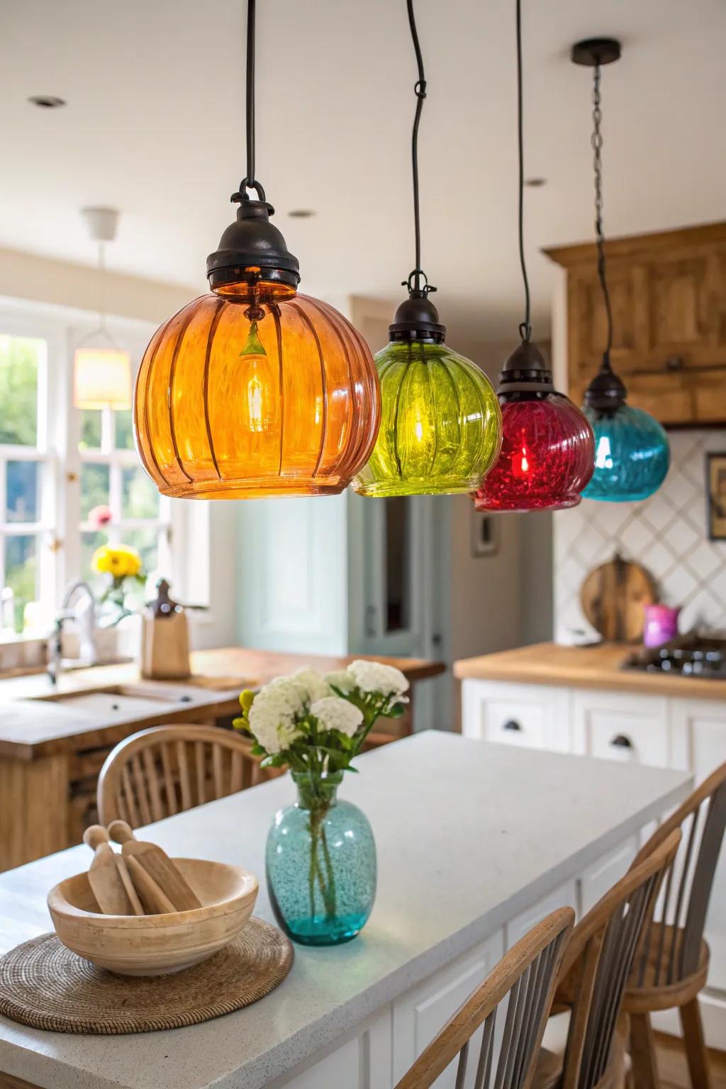 Glass buoy pendant lights add a playful touch to your kitchen.