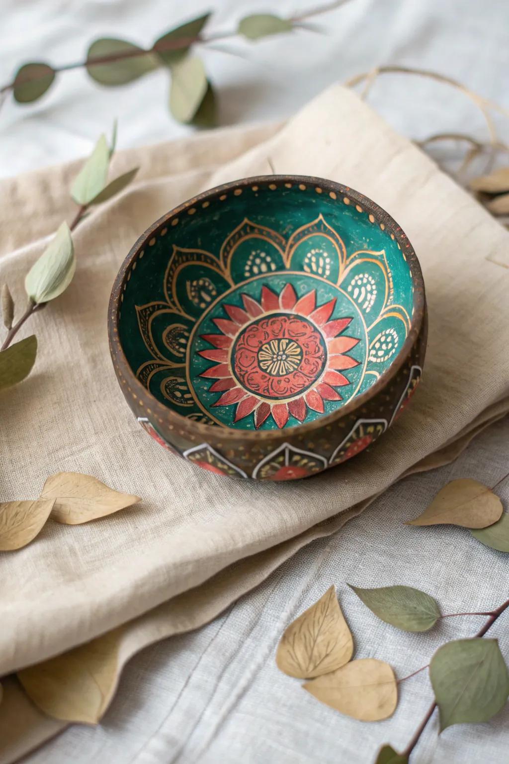 Transform your space with the calming beauty of mandala art on a coconut shell.