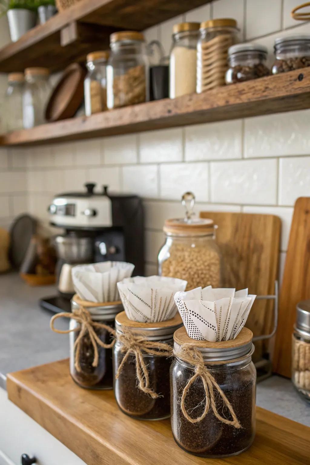 Mason jars offer versatile and eco-friendly storage.