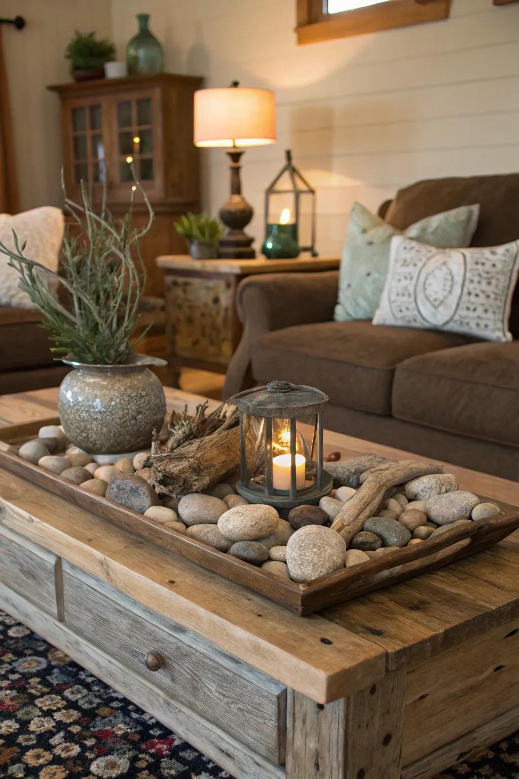 Natural elements create an earthy centerpiece on the coffee table.