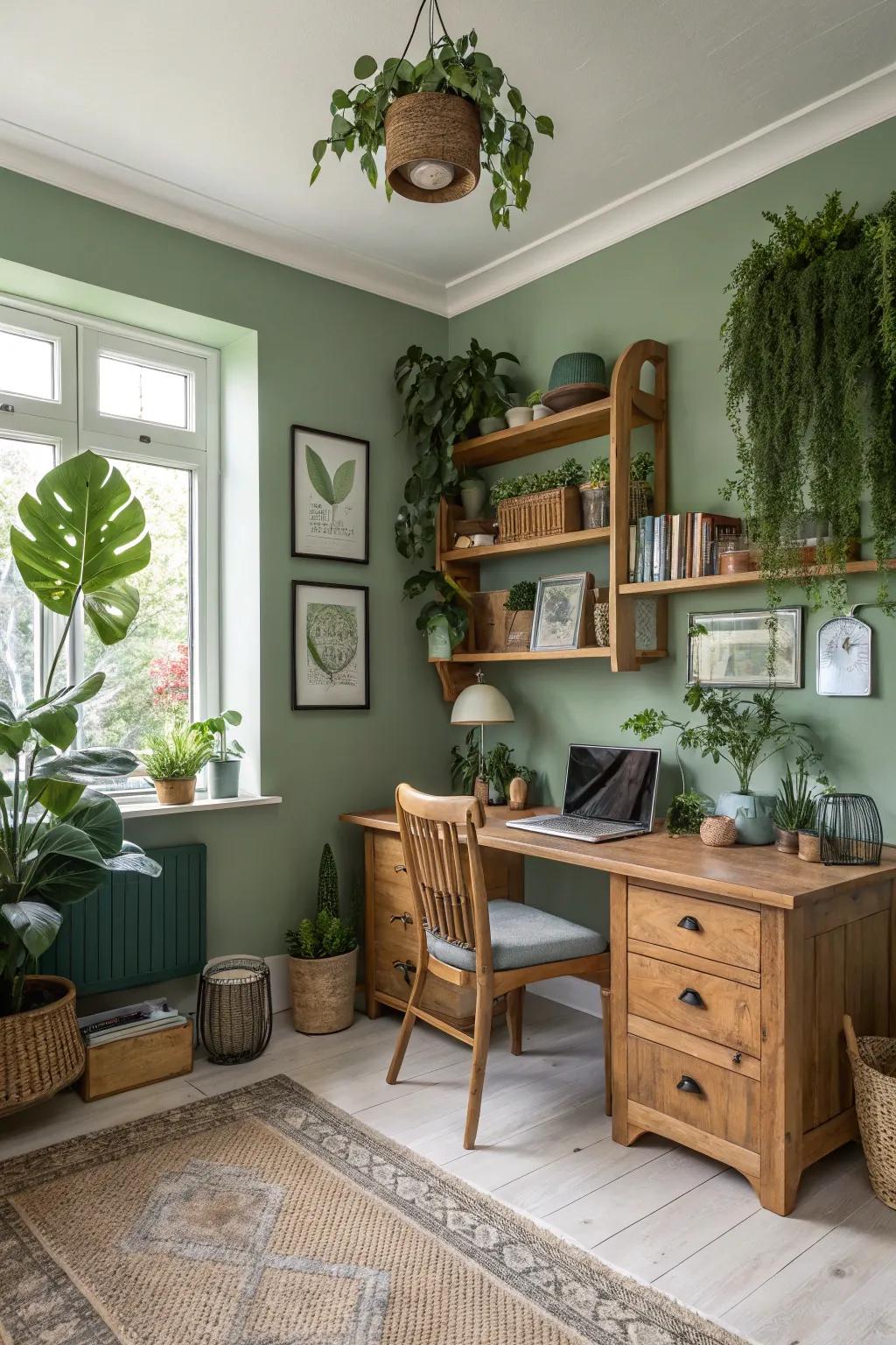 A refreshing home office with nature-inspired greens.