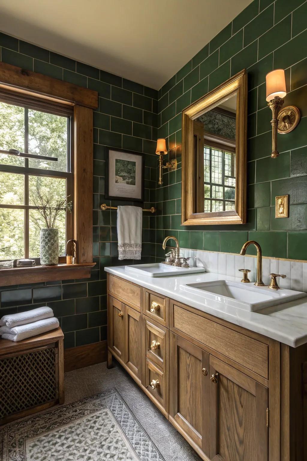 Deep olive green pairs beautifully with natural wood and brass for an earthy bathroom vibe.