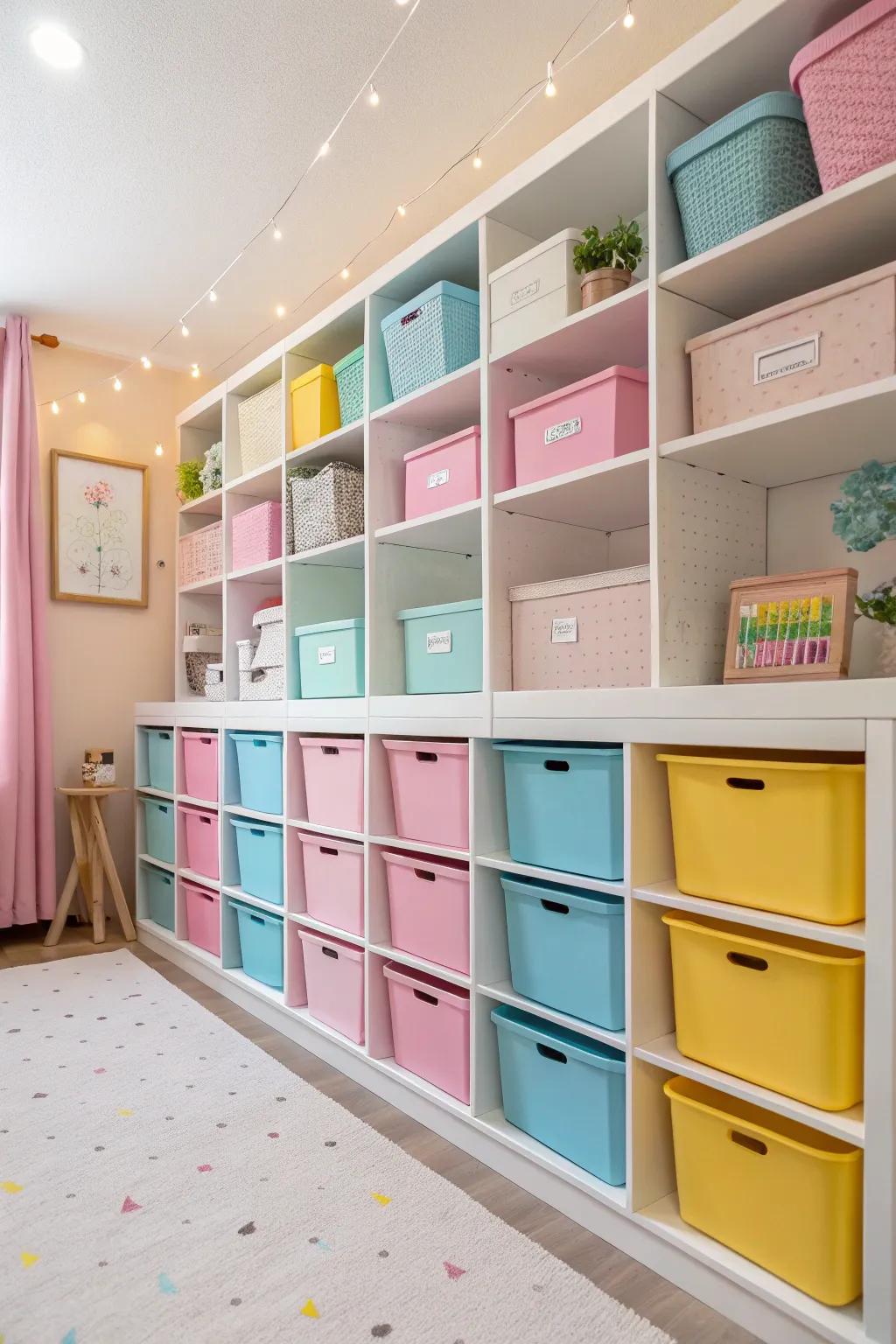 Colorful storage bins and shelves add functionality and style to this girls' room.