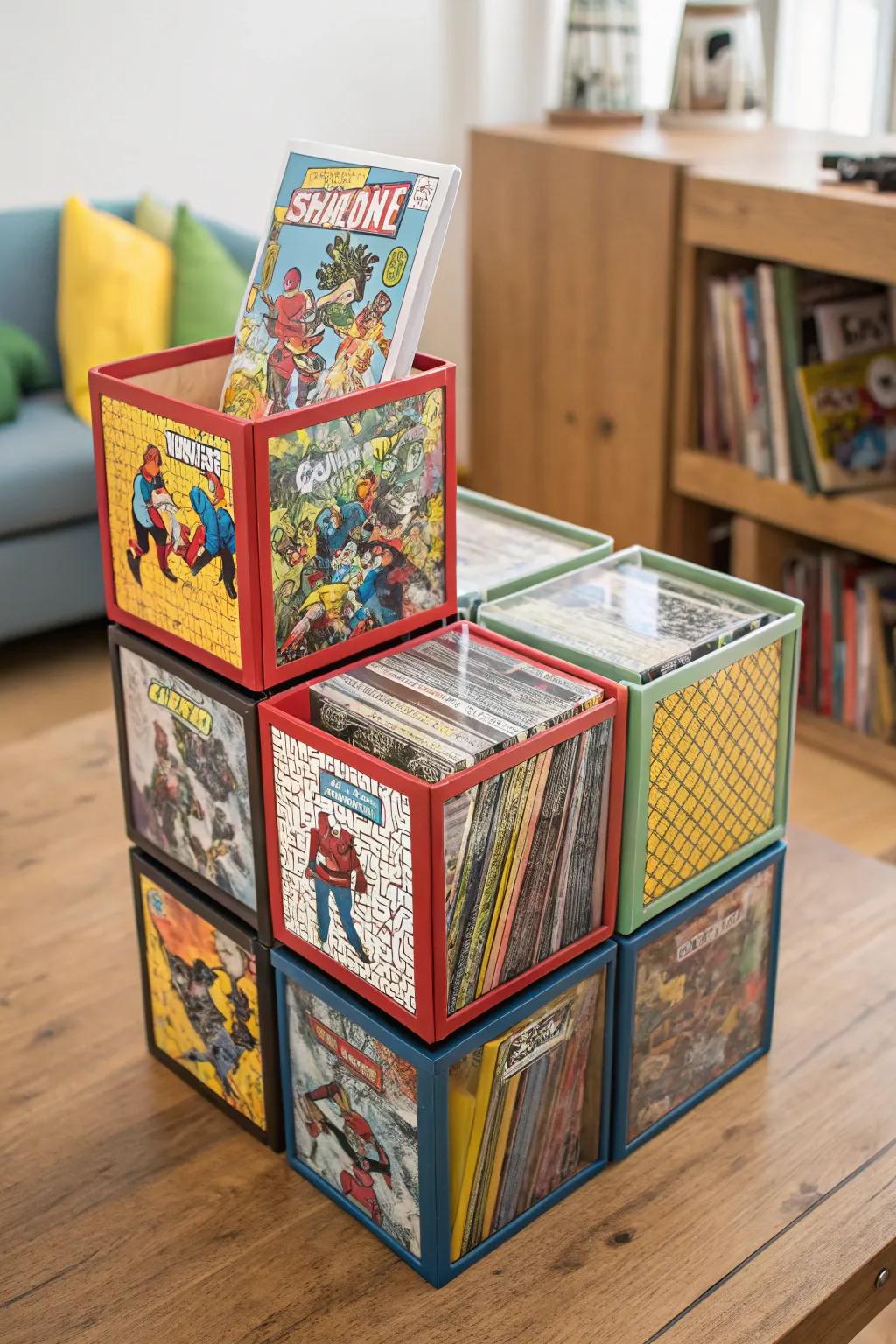 Modular storage cubes offer customizable comic storage solutions.