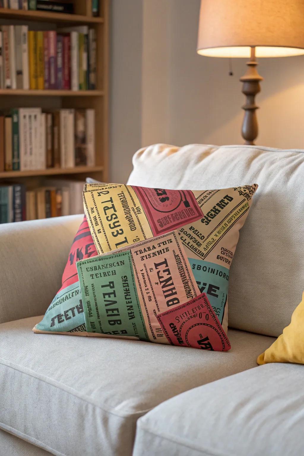 A decorative pillow with concert ticket designs.