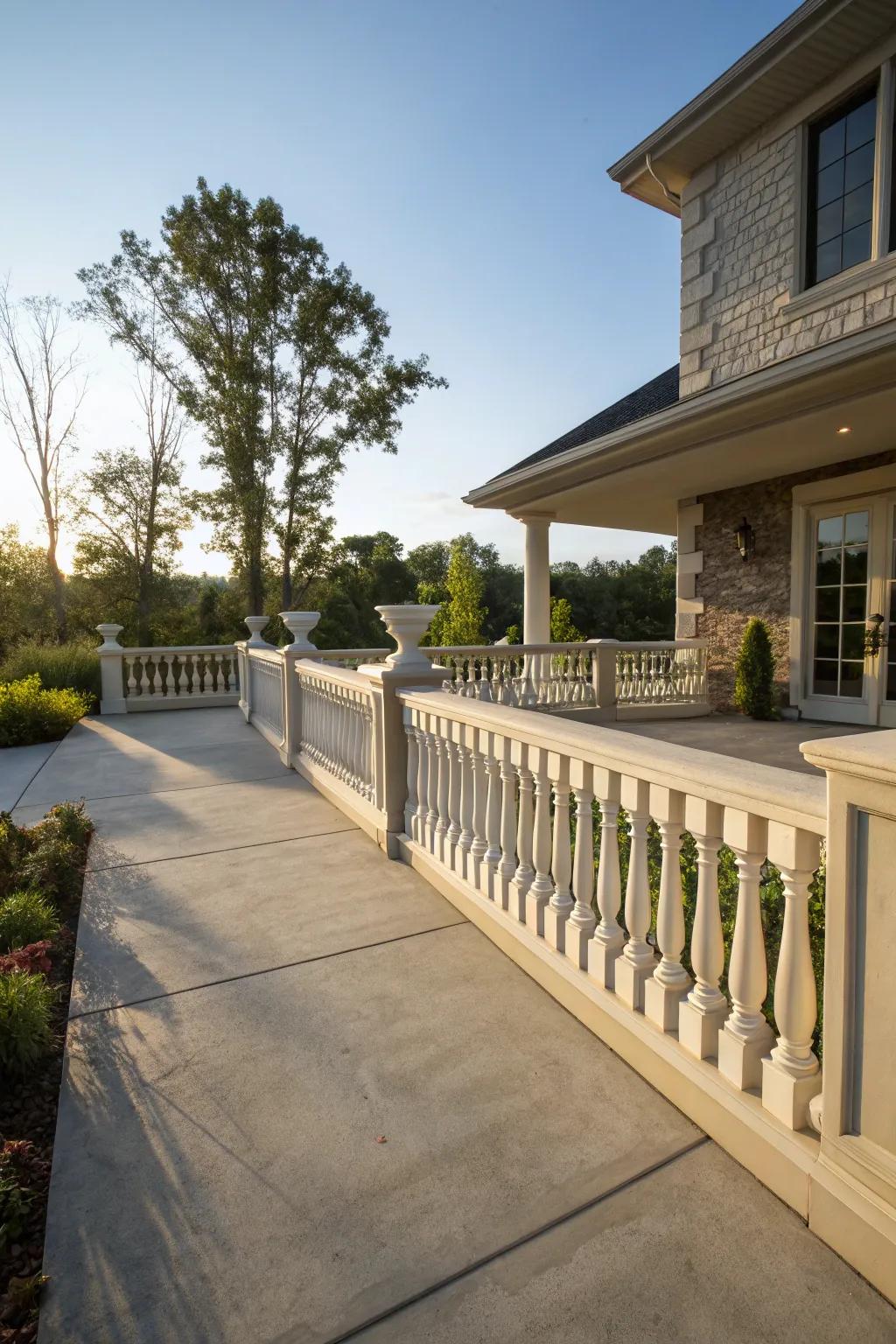 Vertical balusters offer a classic and timeless look for concrete patios.