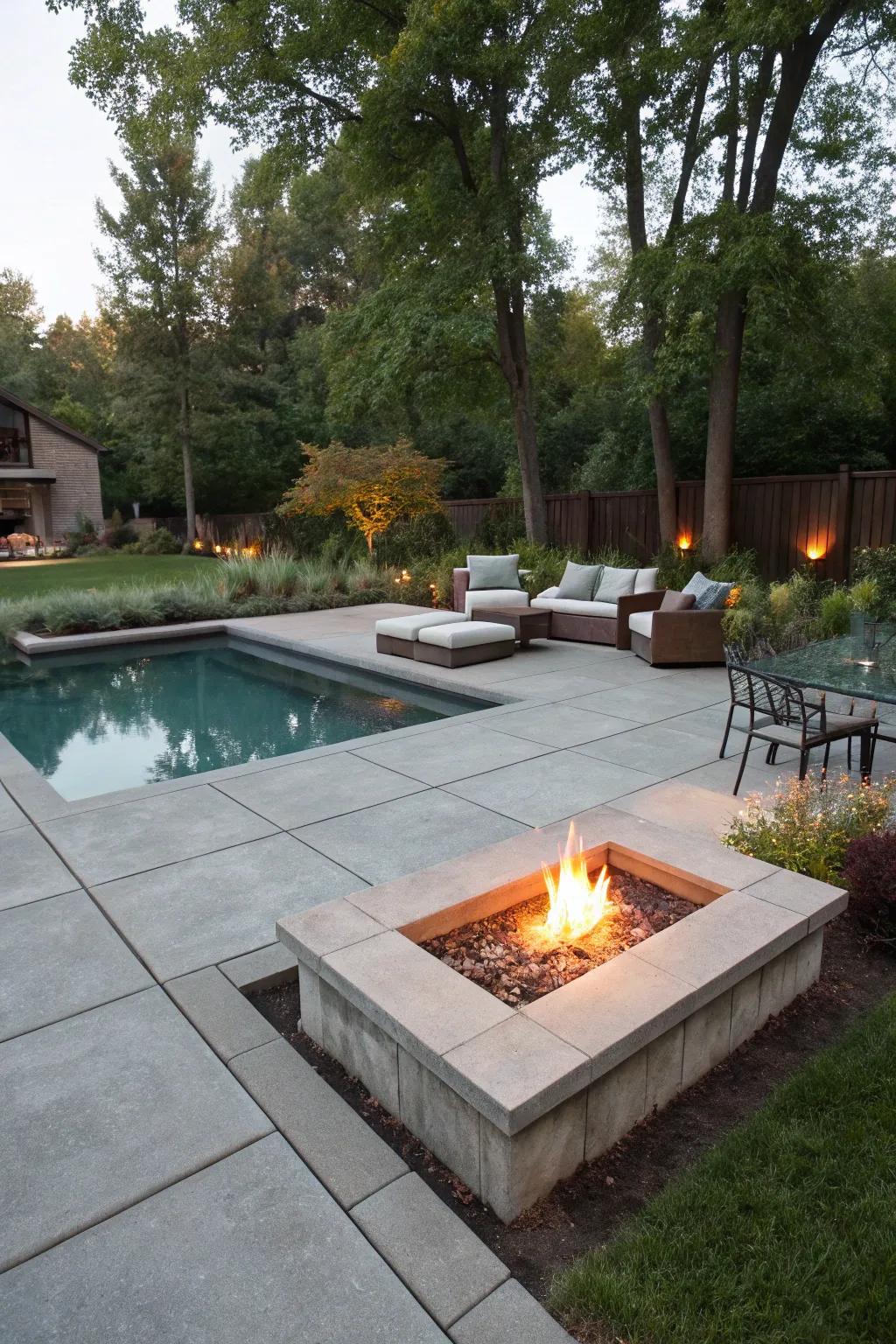 A fire pit adds warmth and a gathering spot to your pool deck.