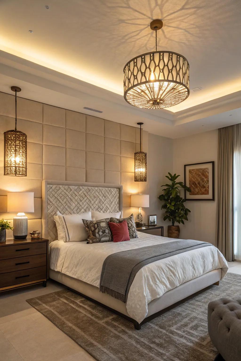 Layered lighting creates a versatile and inviting bedroom atmosphere.