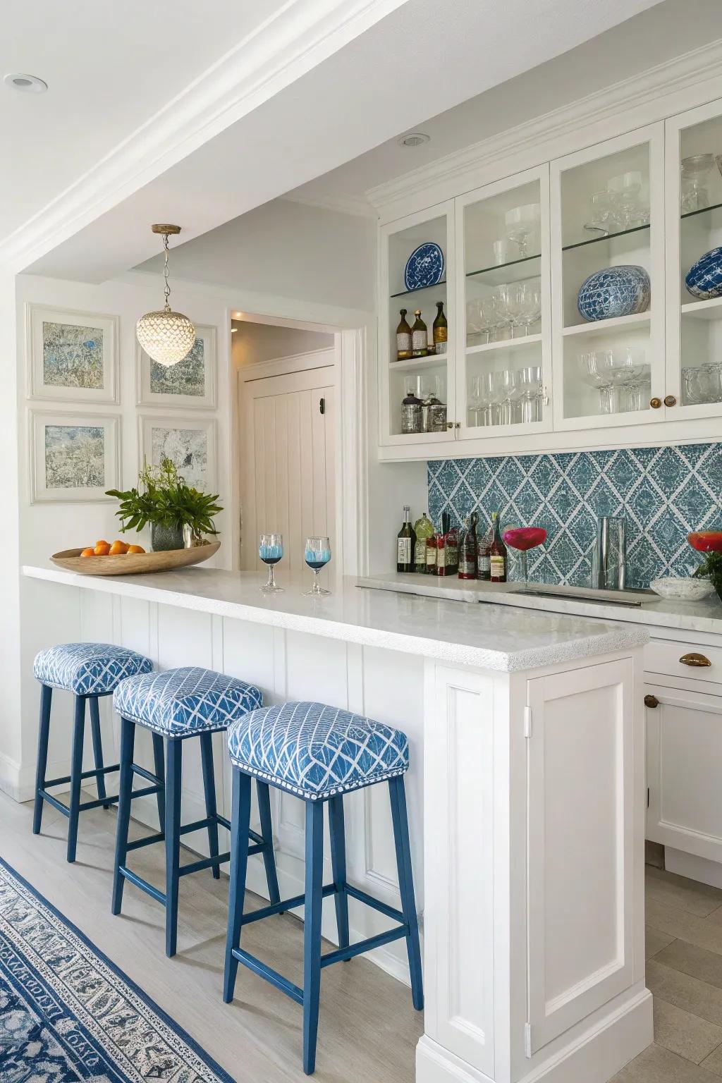 A bright and airy home bar with blue and white decor.