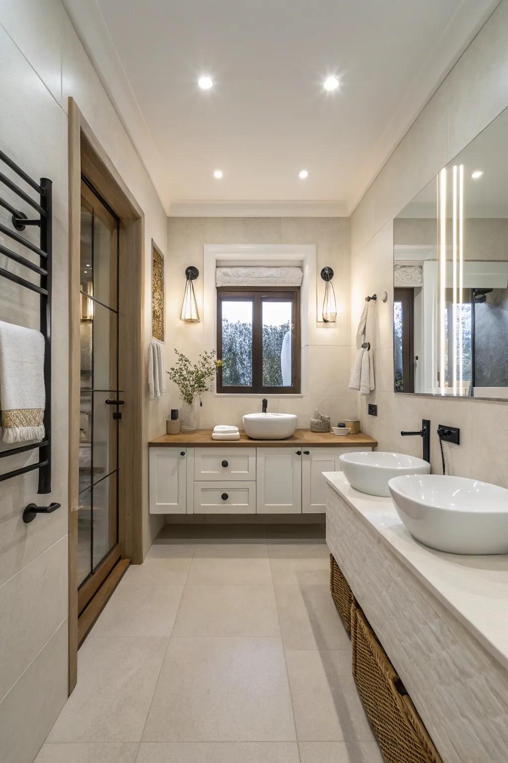 A minimalist bathroom with a neutral palette offers serenity.